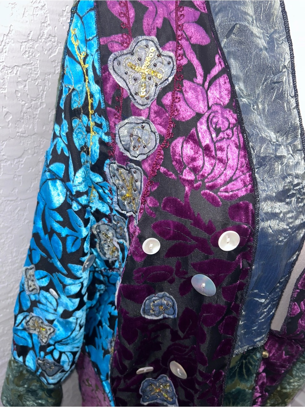 Indigo Moon Patchwork Mix Print Embellished Long Sleeve One Button Kimono Jacket - Picture 3 of 11